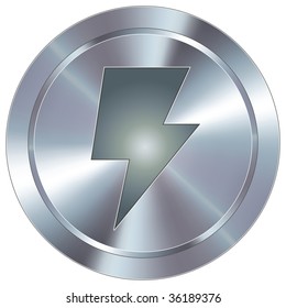 Power or lightning bolt icon on round stainless steel modern industrial button
