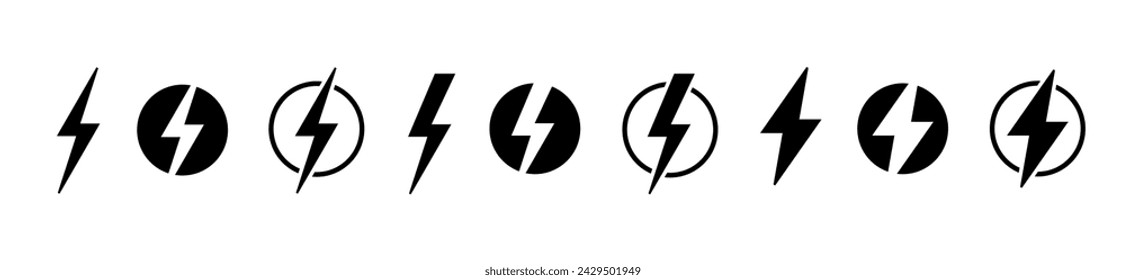 Iconos de logotipo de carga de luz. Vector negro thunderbolt electricidad y energía símbolos de energía aislados en fondo transparente