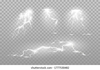 El poder del rayo y la descarga de golpes, el trueno, la radiancia. Ilustración de los tornillos de gránulos vectores aislados en el fondo a cuadros.