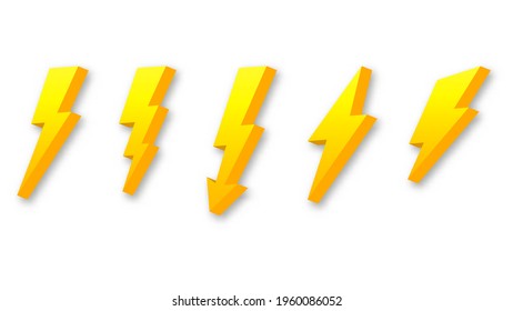 Power lightning signs. Electrical yellow flashes with geometric curves high voltage hazard and powerful vector thunderstorm discharges.