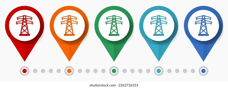 Conjunto de iconos vectoriales de línea de alimentación, punteros de energía de diseño plano, plantilla infográfica fácil de editar