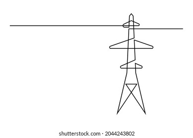 Power line in continuous line art drawing style. Abstract tower with overhead cables for electrical energy transmission black linear design isolated on white background. Vector illustration