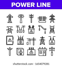 Power Line Electricity Collection Icons Set Vector. Power Line Tower And Electric Wire Cord, Transformer And Lightning Mark Concept Linear Pictograms. Monochrome Contour Illustrations