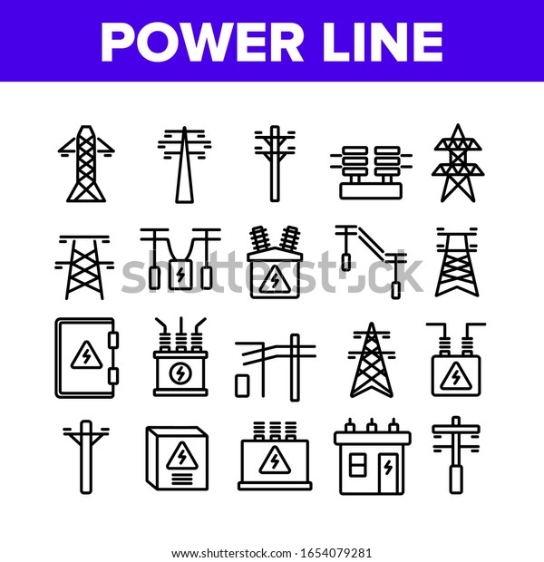 Power Line\
Electricity Collection Icons Set Vector. Power Line Tower And\
Electric Wire Cord, Transformer And Lightning Mark Concept Linear\
Pictograms. Monochrome Contour\
Illustrations