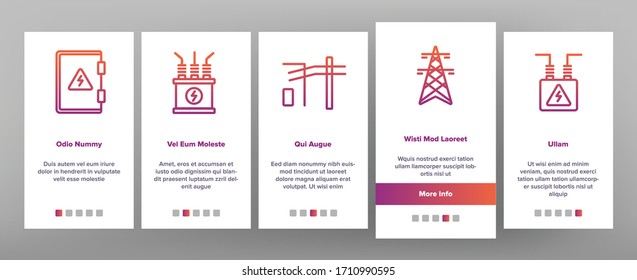 Power Line Electricity Onboarding Icons Set Vector. Power Line Tower And Electric Wire Cord, Transformer And Lightning Mark Illustrations
