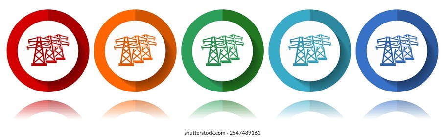 Power line, energy towers vector icons, flat icon set for logo design, webdesign and mobile applications, colorful web button collection in eps 10