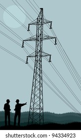 Power line and engineers in front of it vector background