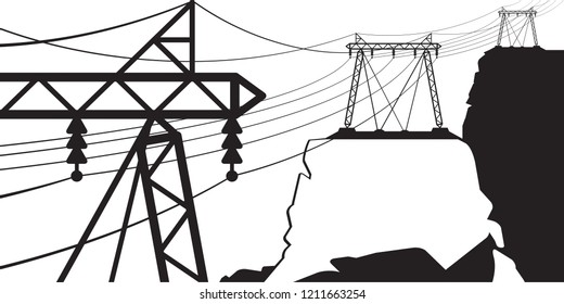 A power line goes through the mountain - vector illustration