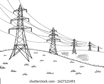 Power line graphic black white landscape sketch illustration vector