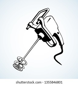 Power line grout mix spiral trowel on white backdrop. Freehand outline black ink drawn object logo sketchy in art modern contour doodle cartoon graphic style pen on paper. Close up with space for text