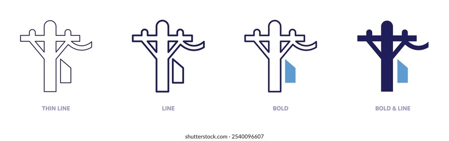 Icono de línea eléctrica en 4 estilos diferentes. Línea delgada, línea, negrita y línea negrita. Estilo duotono. Trazo editable.