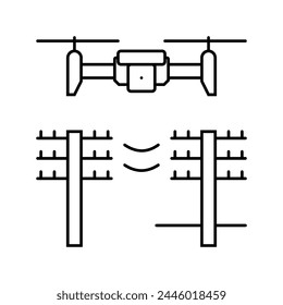 Power Line Inspection Drohnenlinien-Symbol Vektorgrafik. Power Line Inspection Drohnenzeichen. Isoliertes Kontursymbol Schwarze Abbildung