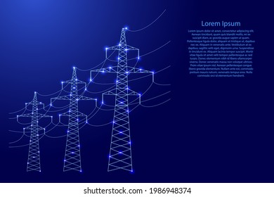 Power line, metal towers with wires from blue lines and glowing stars for banner, poster, greeting card. Vector illustration.