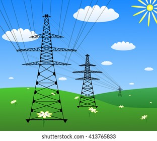 Power line on a green field. Vector EPS10
