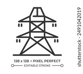 Power line pixel perfect linear icon. High voltage tower. Electricity pylon, electrification. Energy supply, cables. Thin line illustration. Contour symbol. Vector outline drawing. Editable stroke