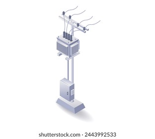 Power line pole and technology control panel with transformer flat isometric illustration