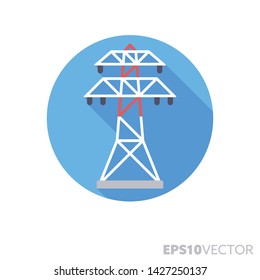 Power line pylon flat design round icon. Color symbol of energy and electric power. Long shadow vector illustration in a circle isolated on white background.
