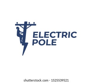 Power Line Repair Logo Design. Lineman And Lightning Bolt Vector Design. Lightning-shaped Electric Pole Logotype