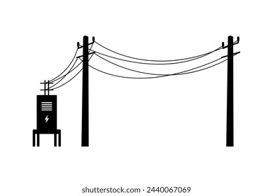 Stromleitungsunterstützung. Elektrischer Pol. Schwarze Silhouette. Vordere Seitenansicht Vektor einfache flache grafische Darstellung. Isoliertes Objekt auf weißem Hintergrund. Isolieren.