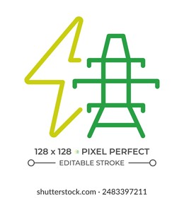 Power line two color line icon. Power tower and lightning bicolor outline symbol. Energy distribution. Energy infrastructure. Duotone linear pictogram. Isolated illustration. Editable stroke