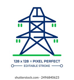 Icono de línea eléctrica de dos colores. Torre de alto voltaje. Pilón de electricidad, electrificación. Cables de suministro de energía, símbolo de contorno bicolor. Pictograma lineal duotono. Ilustración aislada. Trazo editable