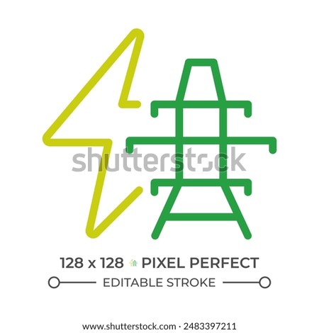 Power line two color line icon. Power tower and lightning bicolor outline symbol. Energy distribution. Energy infrastructure. Duotone linear pictogram. Isolated illustration. Editable stroke