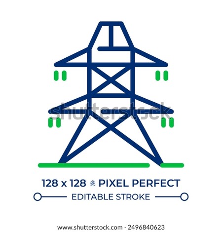 Power line two color line icon. High voltage tower. Electricity pylon, electrification. Energy supply, cables bicolor outline symbol. Duotone linear pictogram. Isolated illustration. Editable stroke