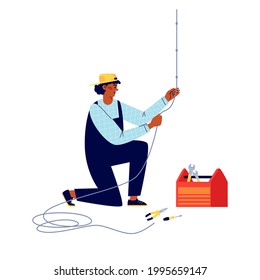 Power lineman or electric connecting electrical wiring, flat vector illustration isolated on white background. Electric company worker character repairing power cable.