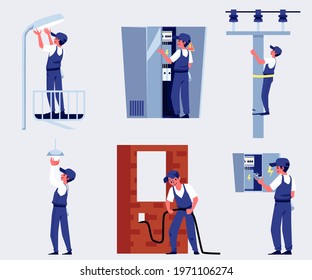 Power lineman or electric repairman workers characters set, flat vector illustration isolated on white background. Electricians climbing post and repairing power cable.