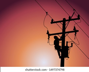 The power lineman use clamp stick (insulated tool) to closing a transformer on energized high-voltage electric power lines. The power lineman must be trained because it is a risky job.