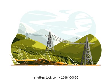 Power lines electricity vector illustration. Support high voltage pylons on green mountain landscape flat style design. Electric light transmission concept