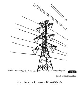 Power lines. Hand drawn sketch illustration isolated on white background