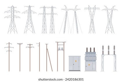 Power lines. High voltage cables, hanging wires, supports. Power transmission lines that deliver energy. Vector illustration