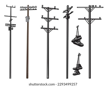 Etiquetas monocromáticas de líneas de alimentación con soportes para alojar cables de alta tensión y proporcionar a la ciudad la ilustración de vectores de electricidad