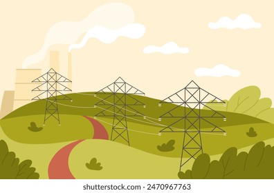 Power lines pylons for distribution and supply of electricity to industry and agriculture vector illustration