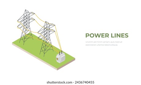 Power Lines Pylons. Landscape Support High Voltage. Isometric View. Vector illustration of high voltage pole power line on a transparent background.