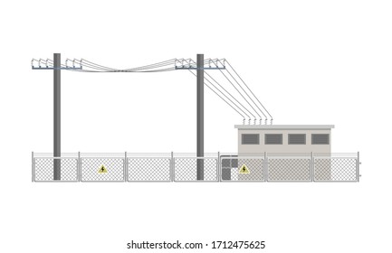 Power lines and transformer substation building fenced. Flat vector illustration isolated on white background.