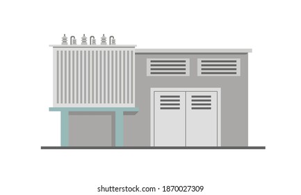 Power Lines And Transformer Substation Building. Flat Vector Illustration Isolated On White Background.