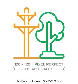 Power lines and trees two color line icon. Electrical safety. Vegetation management. Urban planning. Bicolor outline symbol. Duotone linear pictogram. Isolated illustration. Editable stroke