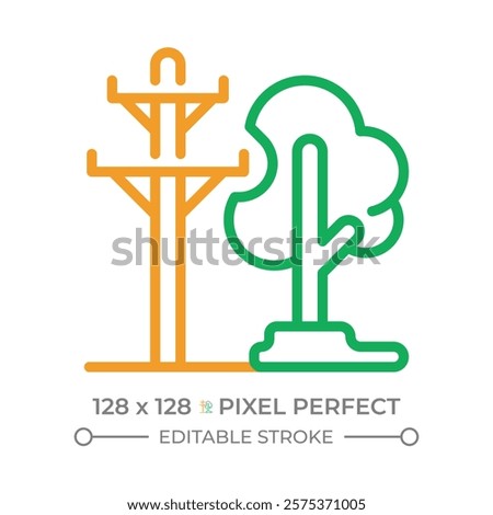 Power lines and trees two color line icon. Electrical safety. Vegetation management. Urban planning. Bicolor outline symbol. Duotone linear pictogram. Isolated illustration. Editable stroke