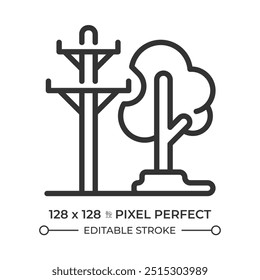 Linhas de energia e árvore ícone linear. Segurança elétrica. Gestão da vegetação. Polo utilitário. Planeamento urbano. Ilustração em linha fina. Símbolo de contorno. Desenho de contorno de vetor. Traçado editável