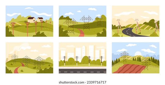 Power lines vector illustration. Cartoon isolated city, village and nature landscape scenes collection with high voltage electric towers for energy transmission and distribution, road with pylons post