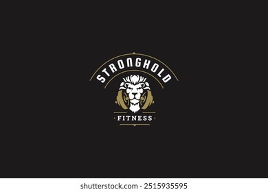 Retrato de leão de poder com modelo de design de logotipo retro luxo dumbbell para a ilustração plana do vetor do centro de fitness. Forte leão selvagem animal com peso esporte ginásio clube de treinamento logotipo minimalista