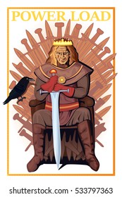 Power Load. Ruler on the throne and raven on white background. Vector illustration.