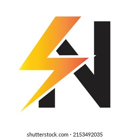 Power logo.   N letter and lightning on the dark background.  monogram. Power and energy technology.
