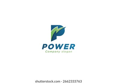 Logotipo da Power. P carta e relâmpago no fundo branco. Monograma P. Tecnologia de energia e energia.