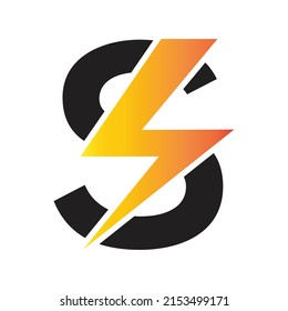 Power logo. S   letter and lightning on the dark background.  monogram. Power and energy technology.
