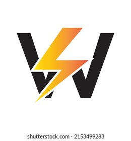 Power logo. W  letter and lightning on the dark background.  monogram. Power and energy technology.
