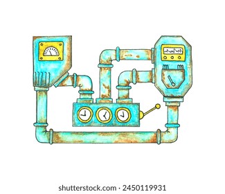 Unidad de máquina de energía con tuberías viejas y oxidadas en estilo steampunk, dibujo de acuarela dibujado a mano, garabatos en estilo steampunk. rastro del Vector.