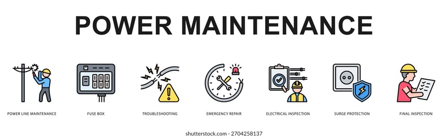 Manutenção de energia Ilustração moderna e limpa de banner da Web com ícones temáticos para comunicação visual